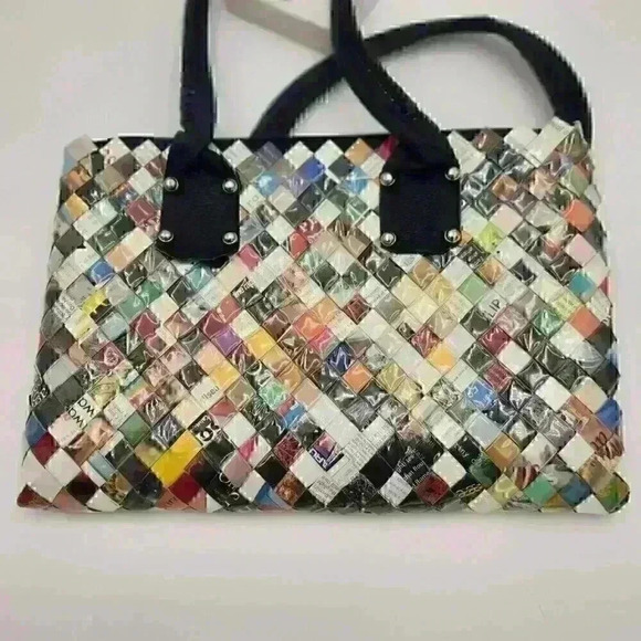 Cosmic Bobbins Vintage Y2K Upcycled "Wrapper" Large Hand Bag with Leather Straps - Picture 3 of 11